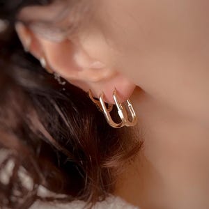 Rectangle Oval Hoop Earrings,14K Solid Gold Interlocking Design Hoop Earrings, Real Gold Daily Jewelry, Mother's Day Gift, Graduation Gift