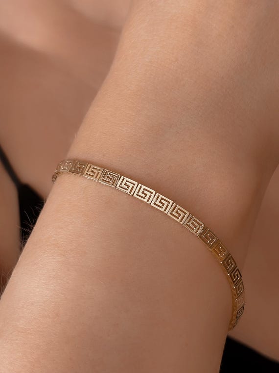 14k Solid Gold Greek Key Bracelet, Jewelry Gold 14k, Jewelry Gift for Her, Greek Key Bangle, Solid Gold Unisex, Wedding Jewelry,Maze Pattern