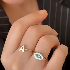 Anillo de oro macizo de 14 k con letras o anillo de ojo de la suerte, regalos personalizados, anillo de ojo azul, anillo con nombre personalizado, anillo de oro macizo de dos piezas, regalo de Navidad