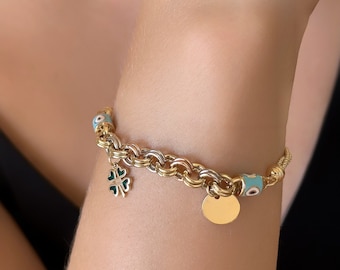 14k Gold Rolo Link Bracelet with Rolo Charm, Good Luck Clover Charm, Evil Eye Charm Chain, Real gold Bracelet, Disc Charm Gold Bracelet