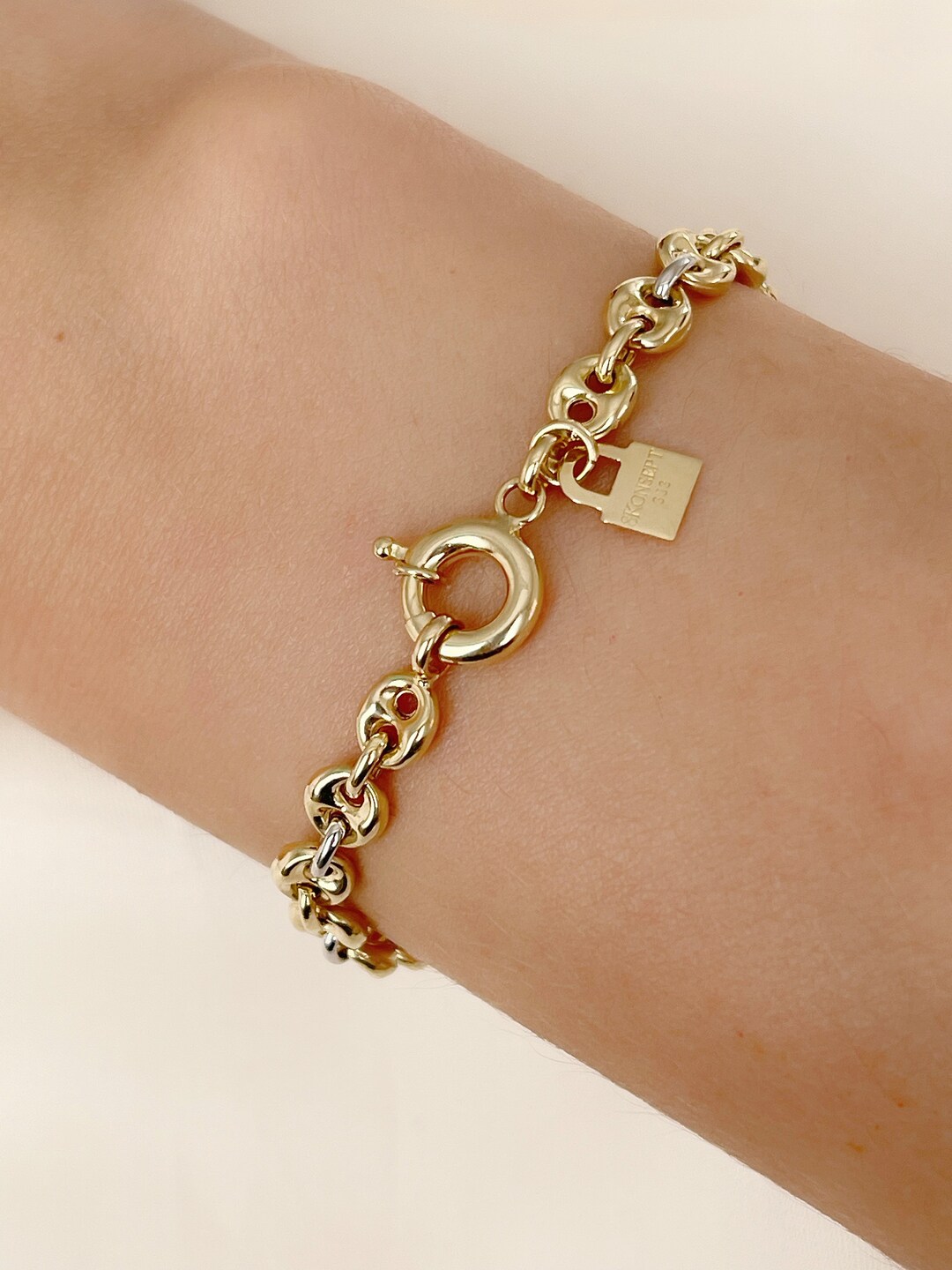 Gold Puffed Mariner Chain Bracelet, Mariner Anchor Bracelet, Minimalist