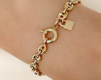 Gold Puffed Mariner Kettenarmband, Mariner Anker Armband, Minimalistischer Schmuck, Geschenk für sie, Stapeln Armband, Gold Ketten Armband, Geschenk
