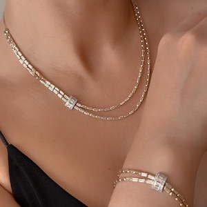 14K Solid Gold Pipette Chain Necklace, Double Chain Necklace, Ring Stone Design Chain, Pipe Bead Chain, Gold Jewelry Set, Christmas Gift