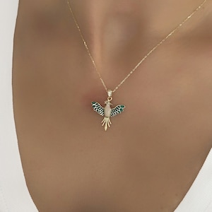14k Solid Gold Phoenix Necklace, Dainty Bird Pendant