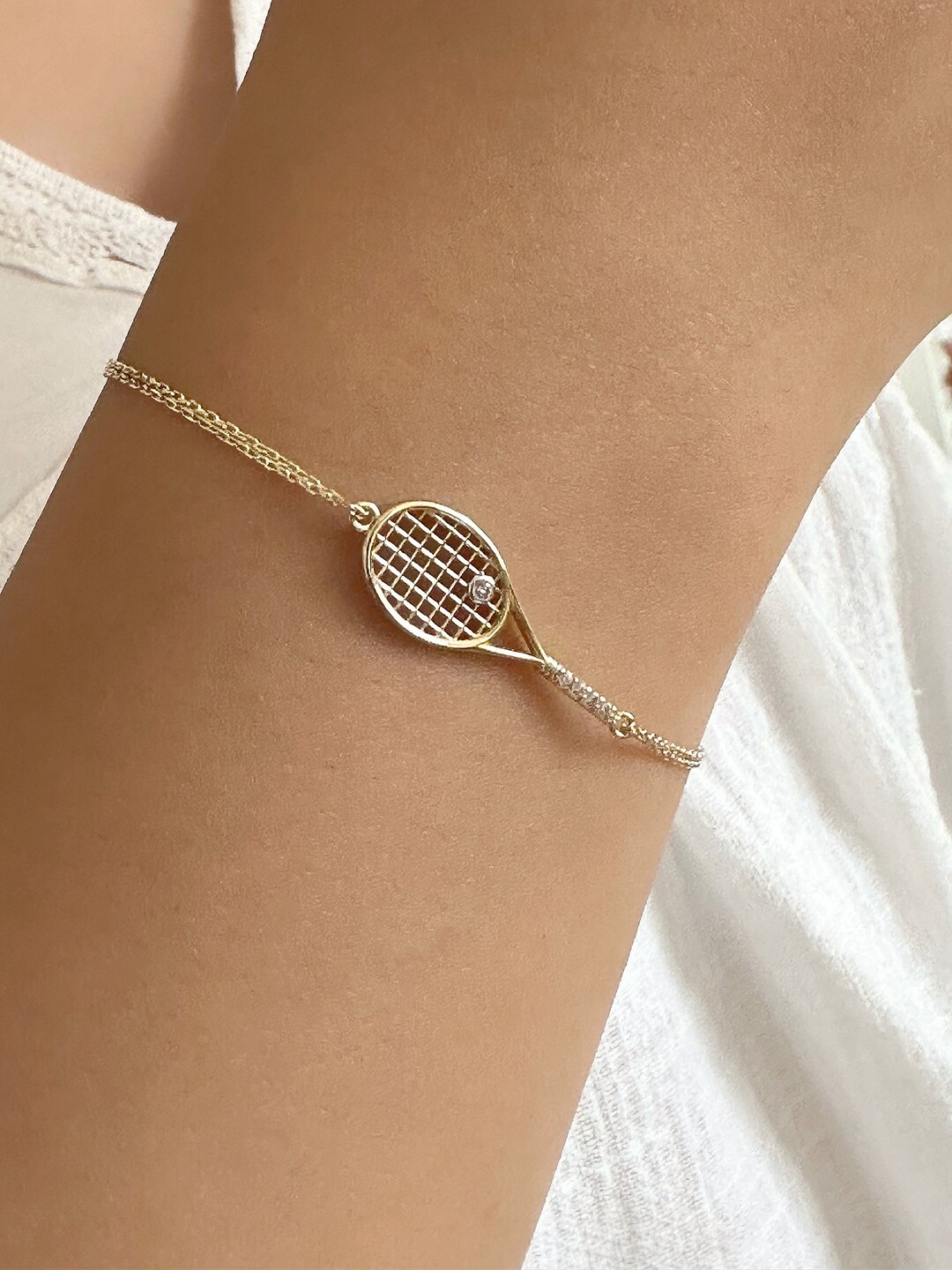 Tennis Racket Charm Bracelet, 14K Solid Gold Tennis Racquet Charm