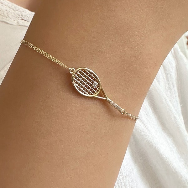 Tennisschläger-Charm-Armband, 14K-Massivgold-Tennisschläger-Charm, Geschenk für Sportliebhaber, Geburtstagsgeschenk, Weihnachtsgeschenk, echte Gelbgoldkette