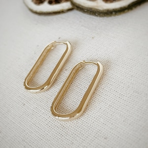 14K Solid Gold Chunky Square Hoop, Thick Oval 14K  Gold Thick Huggie Hinged Hoop Dangle Earring , 14K Solid Gold Link, Mother's Day Gift