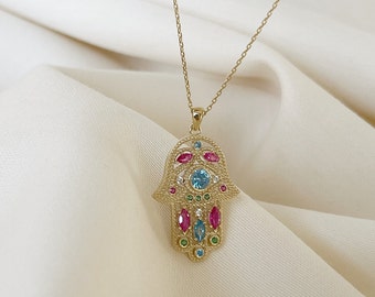 Collana Hamsa in oro massiccio 14 carati, collana minimalista con mano di Fatima, portafortuna, collana con pietre colorate, regalo di Natale, regalo per la festa della mamma