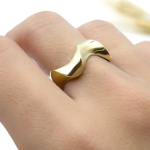 14K Solid Gold Wave Ring: Handmade Curved Stacking Band