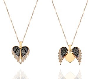 14k Solid Gold Valentine Gift Gold, Open Angel Wing Heart Pendant,14K Gold Minimal Wing Pendant, Gold Angel Heart Necklace, Heart Necklace
