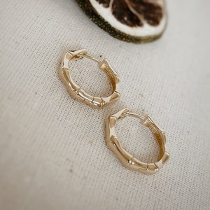 14K Solid Gold Bamboo Hoop Earrings, Jewelry for Women, Hoop Earrings, 14K Solid Gold Earrings, Christmas Gift, Mother&#39;s Day Gift, Jewelry