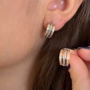 14K Solid Gold Triple Color Half Ring Gold Earrings, Studded Hoop earrings, Dainty gold Hoops, Yellow Or White Gold Or Rose Gold Earring