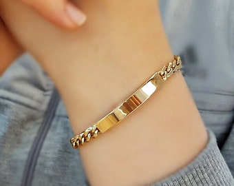 14K Gold ID Armband, Namensarmband, Massivgold Cuban Link Armband, personalisiertes Goldarmband, graviertes Armband, personalisierter Name