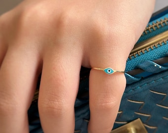 14k Real Gold Oval Evil Eye Turquoise Ring, Fine Jewelry, Gift for Her, Luck Ring Statement Gold Ring, December Birthstone, Christmas Gift