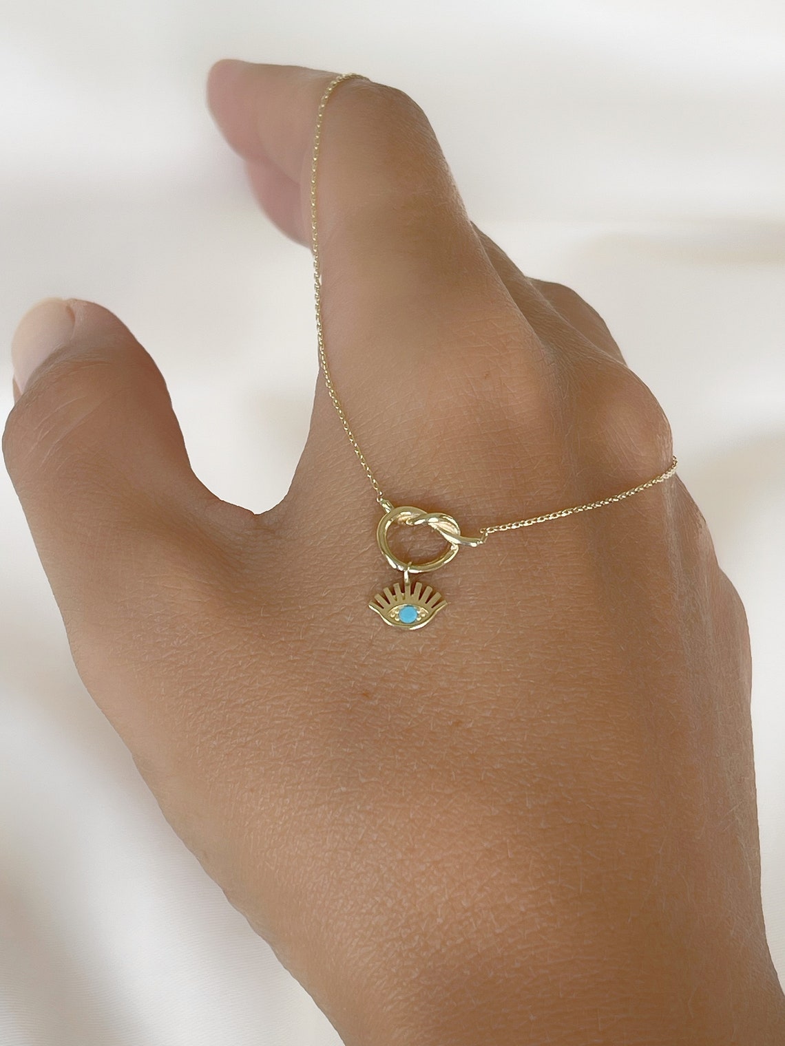 14k Solid Gold Necklace Gold Knot Necklace Round Evil Eye Etsy