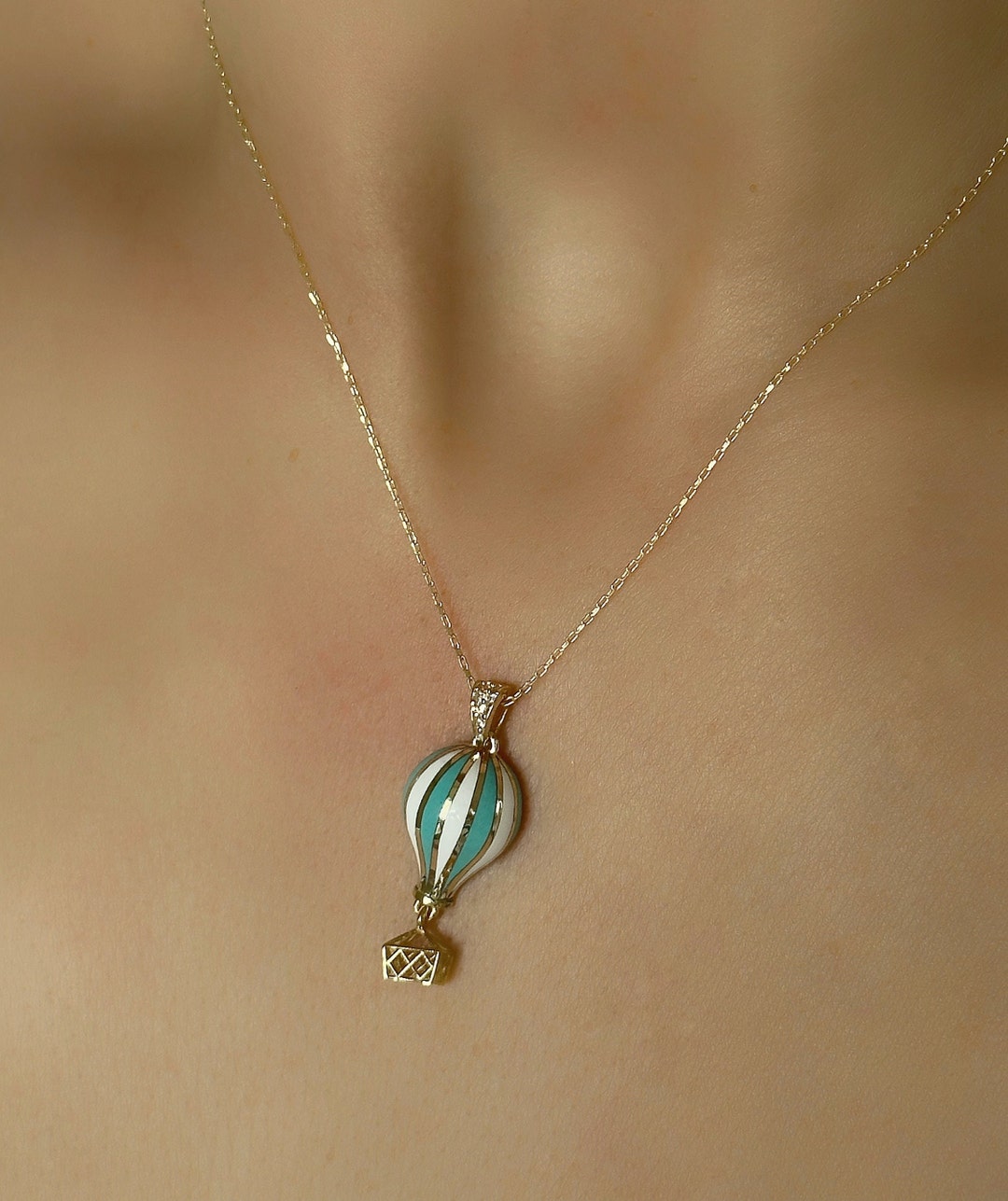 14K Solid Gold Flying Balloon Gold Necklace, Real 14k Solid Gold Air