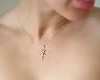 14K Nordstern Halskette, 14K Kompass Halskette, Massivgold Halskette, 14K Nordstern Schmuck, Echtgold Schmuck, Geburtstagsgeschenk, Weihnachtsgeschenk