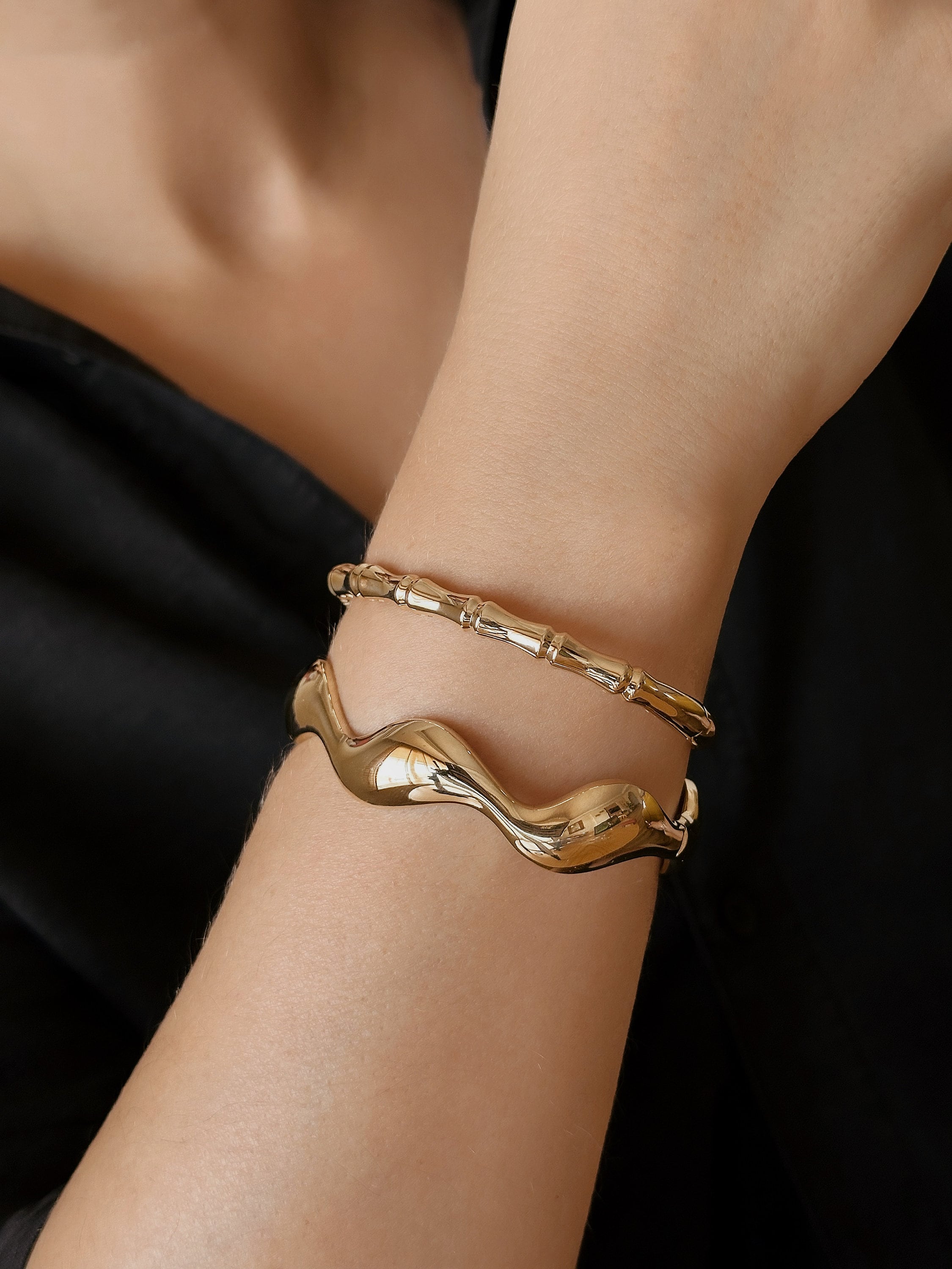 14K Solid Gold Wavy Cuff Bracelet, 14K Real Gold Zig Zag Bangle, Geometric Bracelet, Wedding Jewelry, Valentine's Day Gift, S Cuff Bangle