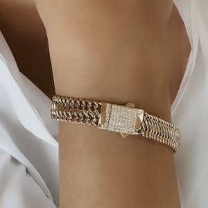 14K Gold Double Edge Chain Bracelet, 14K Real Gold Bracelet, Design Lock Bracelet, Vienna Bracelet, Real Gold Jewelry, Wedding Gift, Jewelry