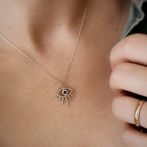 14k  Solid Gold Evil Eye Necklace, Dainty Evil Eye Pendant, 14K Gold Evil Eye Jewelry, Long Eyelash Eye Pendant,Wedding Gift, Lucky Necklace
