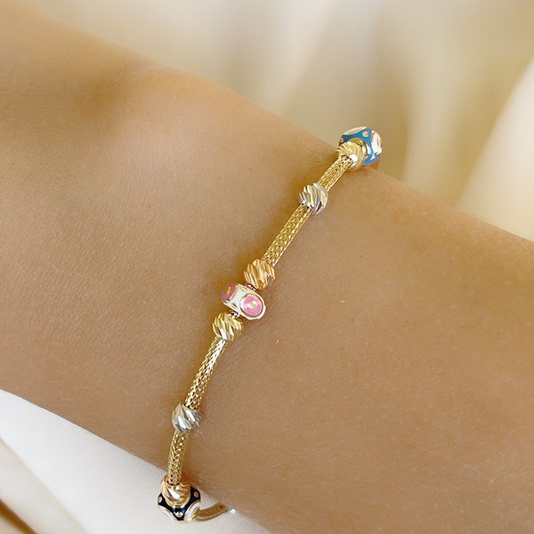 14K Gold Bead İtalian Chain Bracelet, Minimalist Fashion Bracelet, Delicate Modern, Eye Charms with  Multiple colors available ,gift for her