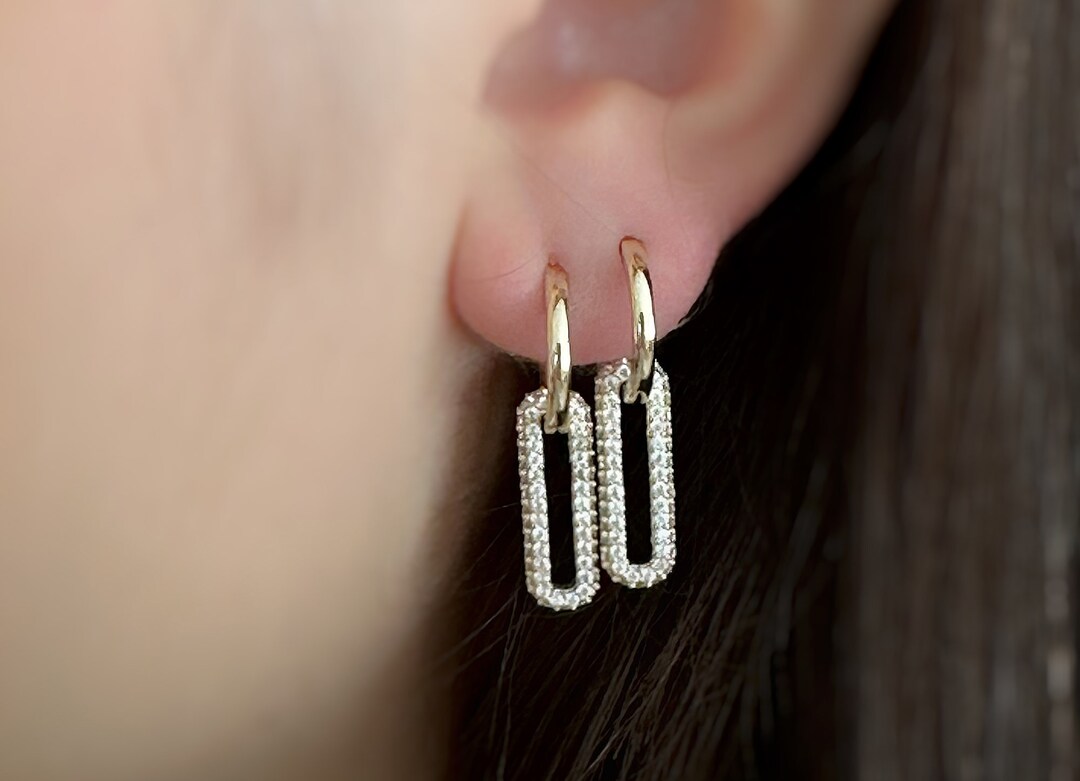 Rectangular Hoops 14K Solid Gold Paper Clip Hoop, Thick Rectangle Hoop Earrings, Square ...
