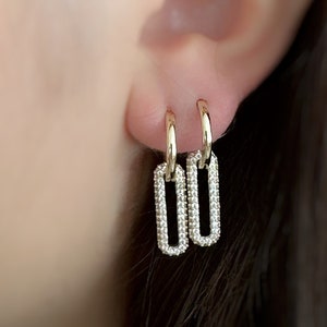 14K Solid Gold Paper Clip Hoop, Thick Rectangle Hoop Earrings, Square Huggie Hoop, Minimalist Gold Hoop, Valantine Day Gift, Mother's Day