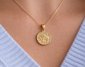 14K Solid Gold Sternzeichen Halskette Stier, 14K Solid Gold Charm, Minimalist Gold Kette Schmuck, Geburtstagsgeschenk, Abschlussgeschenk, Echt Gold