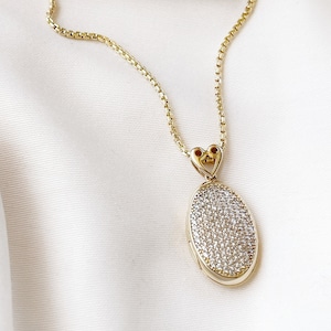 Colar com medalhão oval grande incrustado com pedra de ouro maciço, ouro maciço 14k, colar com medalhão com fotos personalizadas, presente