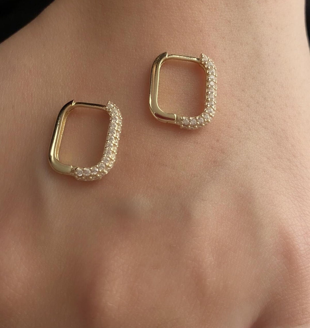 14K Solid Gold Chunky Square Hoop Thick Huggie Hoop Earrings Etsy