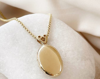 Collana con medaglione ovale in oro giallo massiccio 14k, ciondolo con medaglione in vero oro 14k, regalo di compleanno, regalo per la festa della mamma, medaglione con foto 14k, regalo di Natale