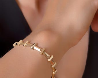 14K massief gouden geometrische schakelarmband, minimalistische 14k gouden staafarmband, moderne stapelsieraden, luxe cadeau voor haar, kerstsieraden
