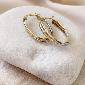 14K Solid Gold Double Hoop Earrings | Two-Tone Women&#39;s Minimalist Hoop Earrings | Women&#39;s Daily Wear, valentine&#39;s gift