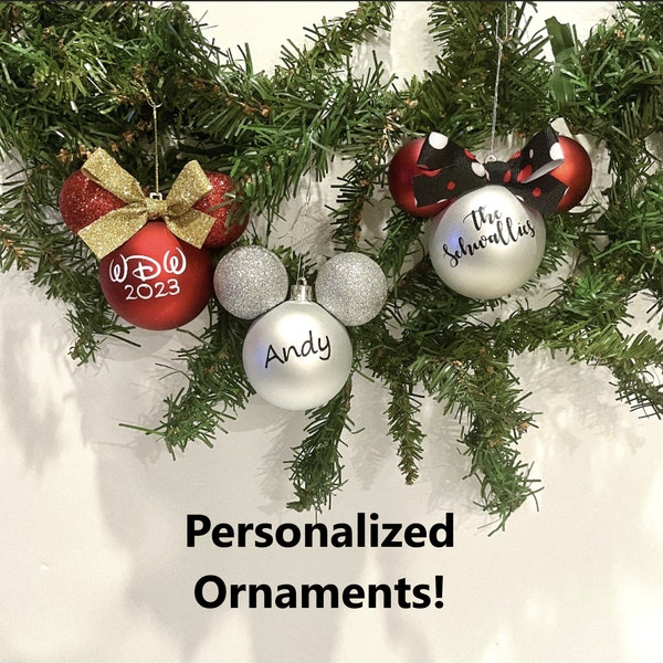 PERSONALIZED DISNEY ORNAMENTS Ornament Minnie Mickey Mouse Bow Year Head Ears Gift Ball Name Date Christmas Holiday Personalize 2023 Trees