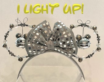 SILVER BELLS Light Up Disney EARS Headband Minnie Mickey Crazy Beautiful Fun Womens Girl Girls Christmas Holiday Party Bells Lighted Women