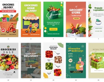 May include: A collection of 18 colorful social media graphics promoting grocery delivery services. The graphics feature images of fresh produce, grocery bags, and delivery vehicles. Some graphics include text such as "Grocery Delivery", "Home Delivery", "Groceries Sale", and "Healthy".