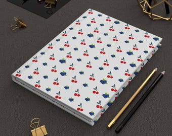 Cuaderno de tapa dura con estampado de cerezas y arándanos - estampado veraniego, papelería de primavera, diario, escritura de diarios