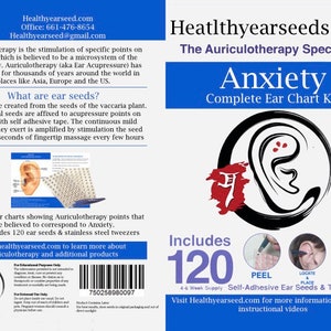 May include: A blue and white product packaging for an anxiety relief kit using auriculotherapy. The kit includes 120 ear seeds, self-adhesive tape, tweezers, and a chart showing ear acupressure points. The text on the packaging reads "Anxiety Complete Ear Chart Kit" and "Includes 120 4-6 Week Supply".