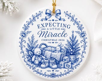 Pregnancy Announcement Ornament 2026, Expecting Parents Christmas Ornament, Baby on the Way Gift, Blue Toile Ceramic Ornament