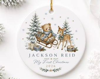 Personalized Baby's First Christmas Ornament, Custom Baby Boy Name Ornament, Vintage Teddy Bear Deer Ornament, Newborn Christmas Gift 2026