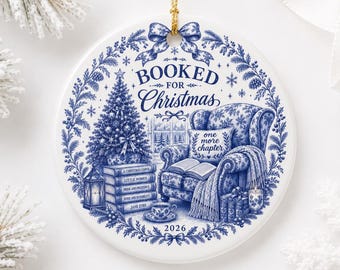 Book Lover Christmas Ornament 2026, Booked for Christmas Ornament, Bookish Gift for Reader, Blue Toile Ceramic Ornament, Reading Gift