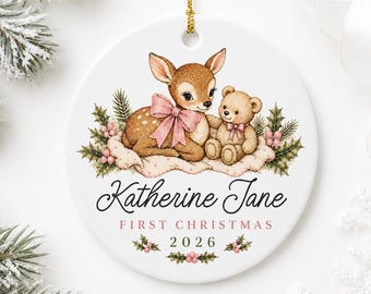 Personalized Baby's First Christmas Ornament, Custom Baby Name Ornament, Vintage Deer Teddy Bear Keepsake, Baby Girl Christmas Gift 2026