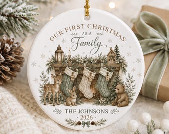 Our First Christmas as a Family Ornament, Personalized Family Christmas Ornament, Custom Family Name Ornament, Woodland Christmas Gift