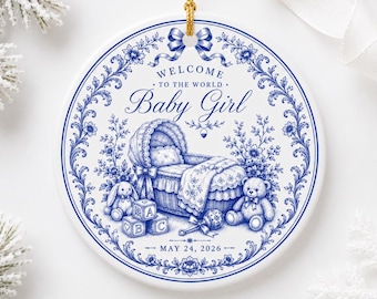Baby Girl Ornament 2026, Personalized New Baby Christmas Gift, Birth Date Ceramic Ornament, Blue Toile Baby Keepsake, Newborn Gift