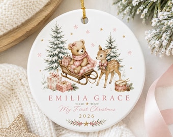 Personalized Baby's First Christmas Ornament, Custom Baby Girl Name Ornament, Vintage Teddy Bear Deer Ornament, Newborn Christmas Gift 2026