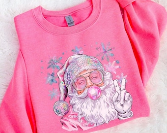 Kids Retro Santa Sweatshirt, Pink Christmas Sweater, Girl's Holiday Crewneck, Xmas Gifted Trendy Festive Sweatshirt, Bubblegum Santa Shirt