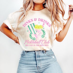 Dinks and Drinks Pickleball Shirt, Women&#39;s Preppy Pickleball Club Tee, Funny Pickleball Shirt, Pickleball Bachelorette, Pickleball Team Tees