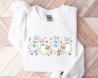 Sudadera de Pascua con fantasma de conejo, suéter de Pascua para mujer, camiseta divertida de Pascua, regalo de Pascua, cuello redondo de primavera, camiseta de búsqueda de huevos, sudadera de conejo