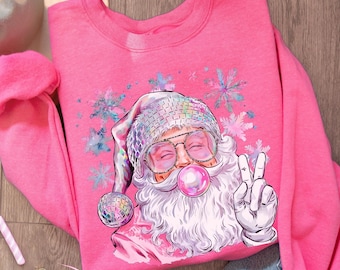 Retro Santa Sweatshirt, Pink Christmas Sweater, Women's Holiday Crewneck, Xmas Gifted for Her, Trendy Festive Sweatshirt, Bubblegum Santa