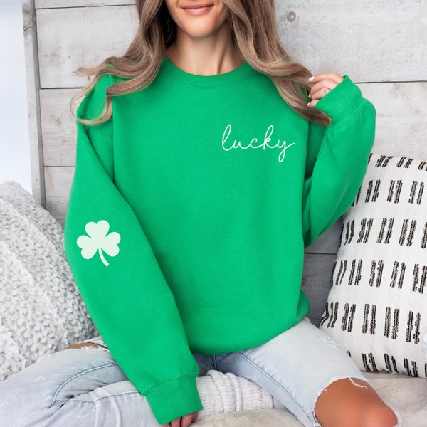 St. Patricks Day Sweatshirt, Minimalist Lucky Crewneck, Shamrock Elbow Sweatshirt, Irish Shamrock Sweatshirt, St Paddy's Day Sweatshirt